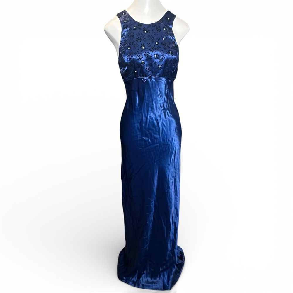 INXS Vintage Gown 7 Y2K Blue Rhinestone Bias Cut Empire Waist Satin Prom Evening